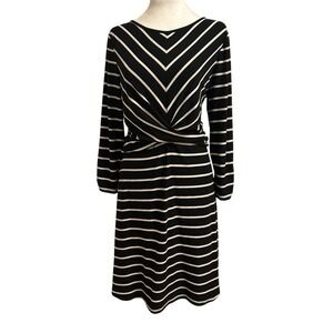AGB Dress Striped Long Sleeve Twist‎ Front Midi Dress Black White XL old money